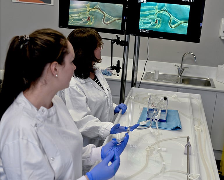 Two female researchers working in a lab 
