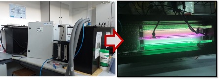 2x100L photobioreactors with light, temperature, CO2 and pH controls.