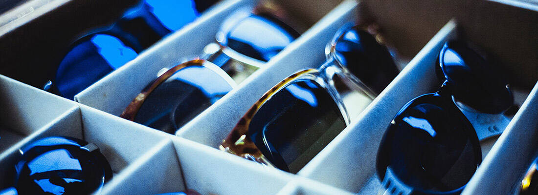 Close up of tray of sunglasses