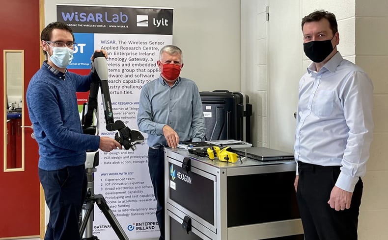 Johnny Morrow, Dr Jim Morrison and Derek Thornton, ATU Donegal demonstrate the new state of the art, 8-axis portable CMM (coordinate measuring machine) arm
