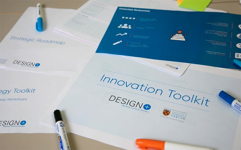 5 pieces of paper spread out on a desk with pens. Top paper shows Design+ logo and is headed Innovation Toolkit.