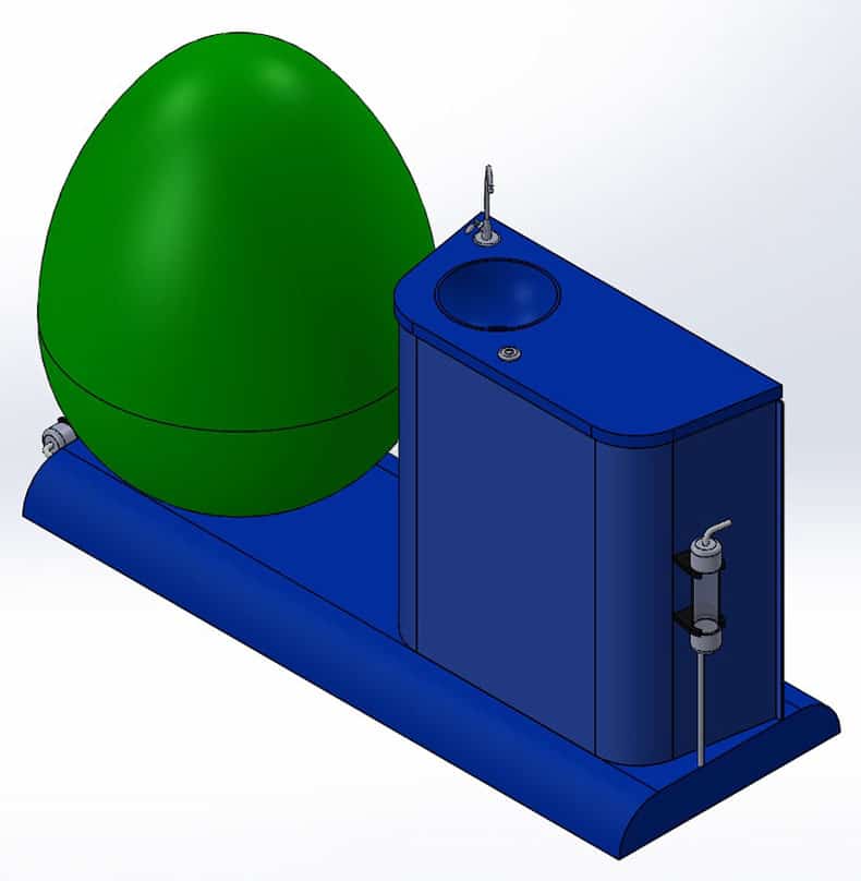 Computer generated image of the MyGug prototype. Base in blue, Egg shaped vessel in green. 