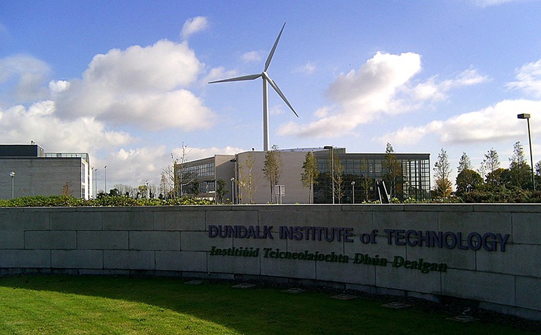 Entrance to Dundalk Institute of Technology with Institute building and wind turbine in background