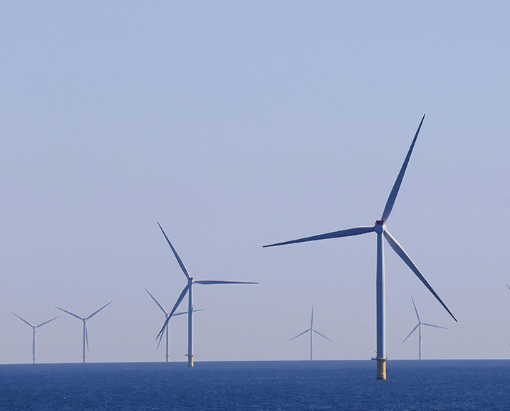 Six wind turbines at sea